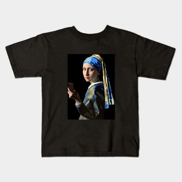Mona Lisa as the girl with pearl earring taking a selfie Kids T-Shirt by obstinator